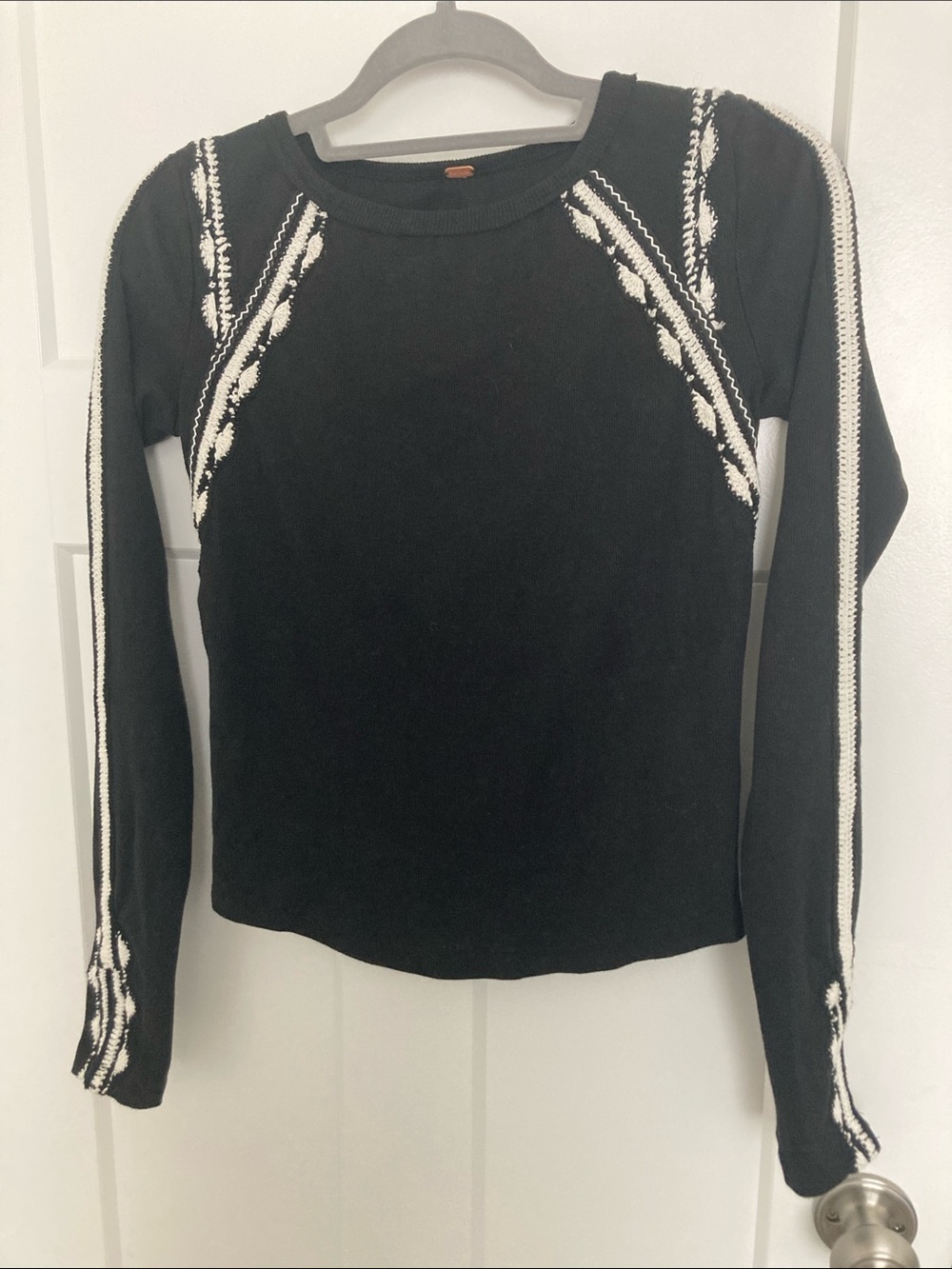 Free People Black Crewneck Sweater with White Stitch Accents